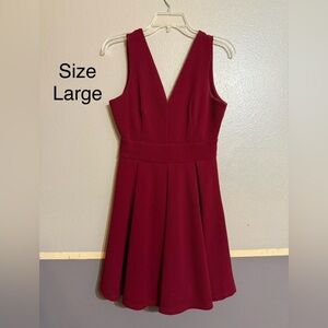 V-Neck Burgundy Fit & Flare Dress - Brand Unspecified